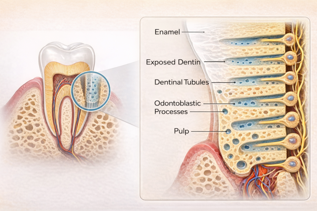 Schematic diagram of exposed dentin and dentinal tubules