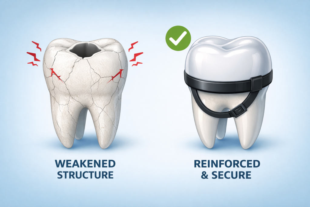 Medical illustration showing how a dental crown acts like a protective helmet to strengthen a weak tooth after a root canal.